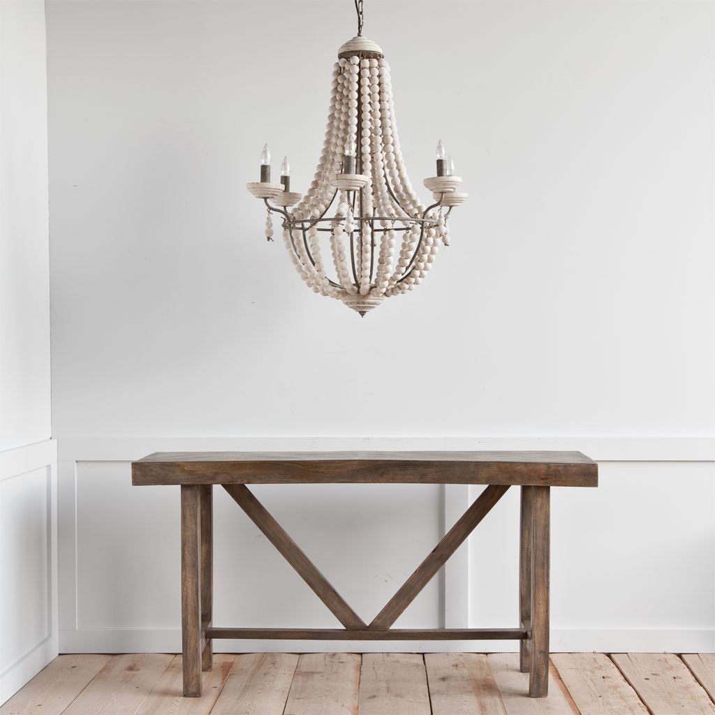 Phillum Silver Metal Chassis and White Wood Beaded Six Bulb Chandelier
