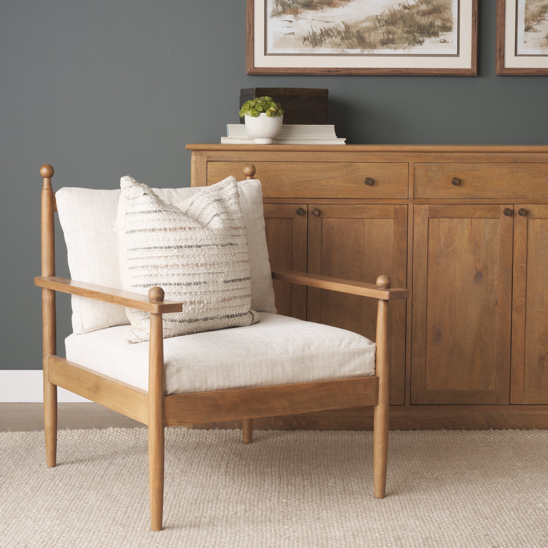 Danni Beige Fabric Beech Wood Framed Accent Lounge Chair