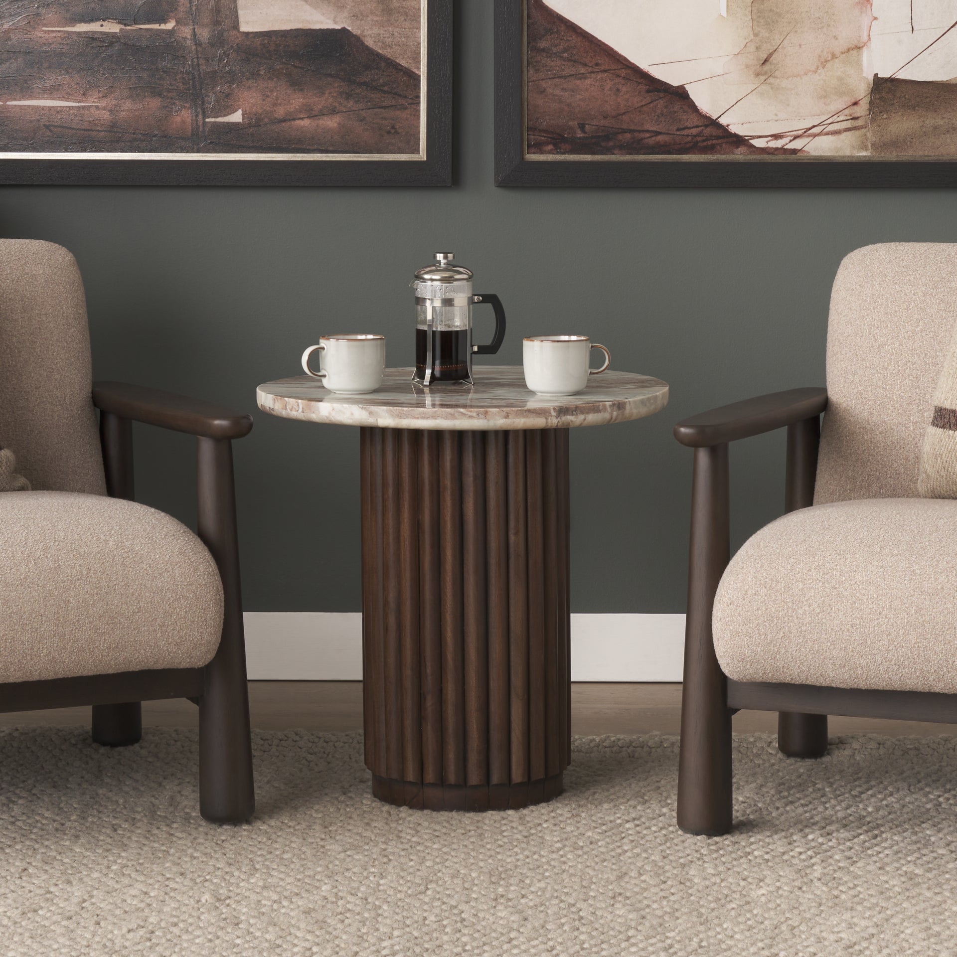 Marbrello Pink Marble Top Espresso Brown Fluted Wood Round Side Table