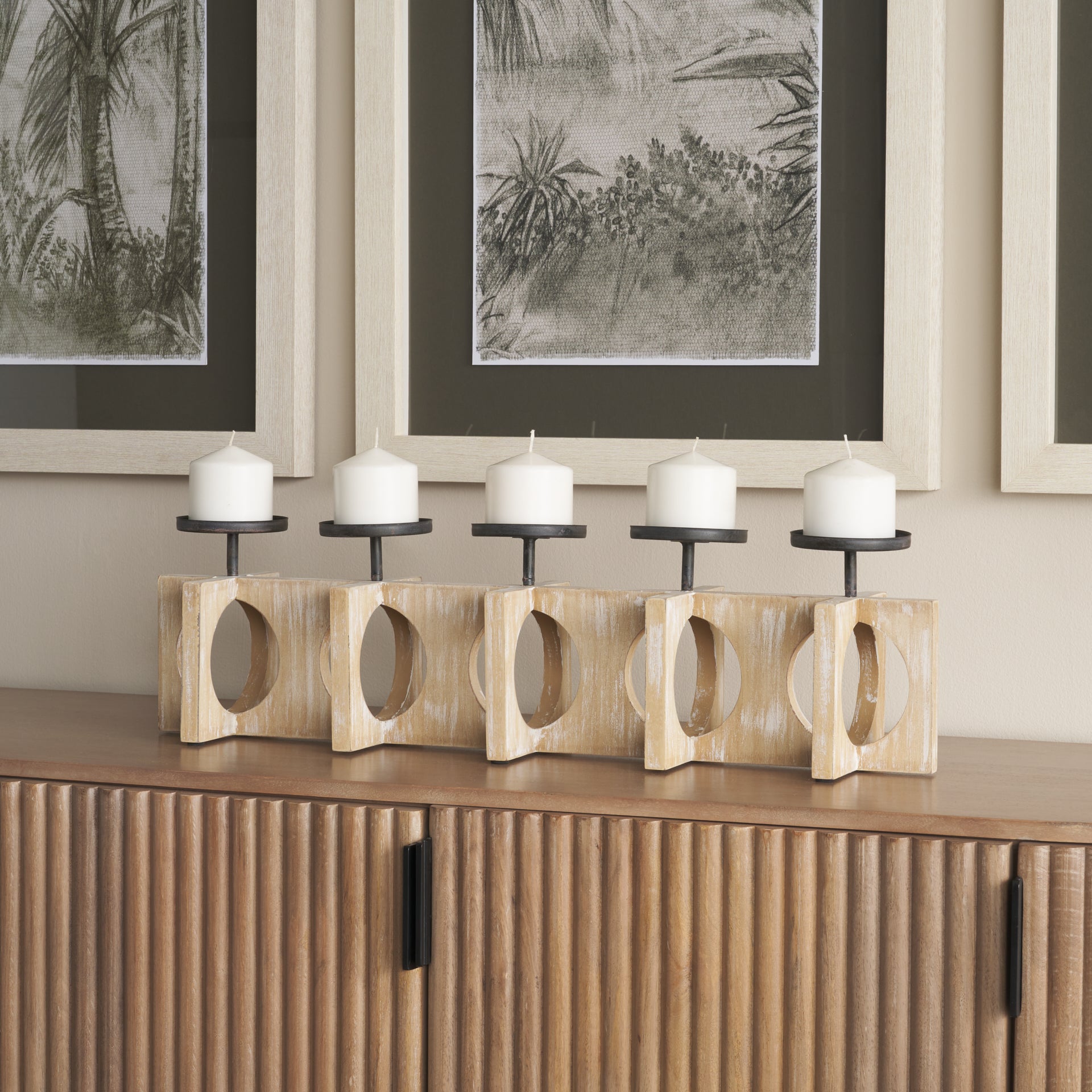 Cambie Natural Wood with Black Metal Candle Holders