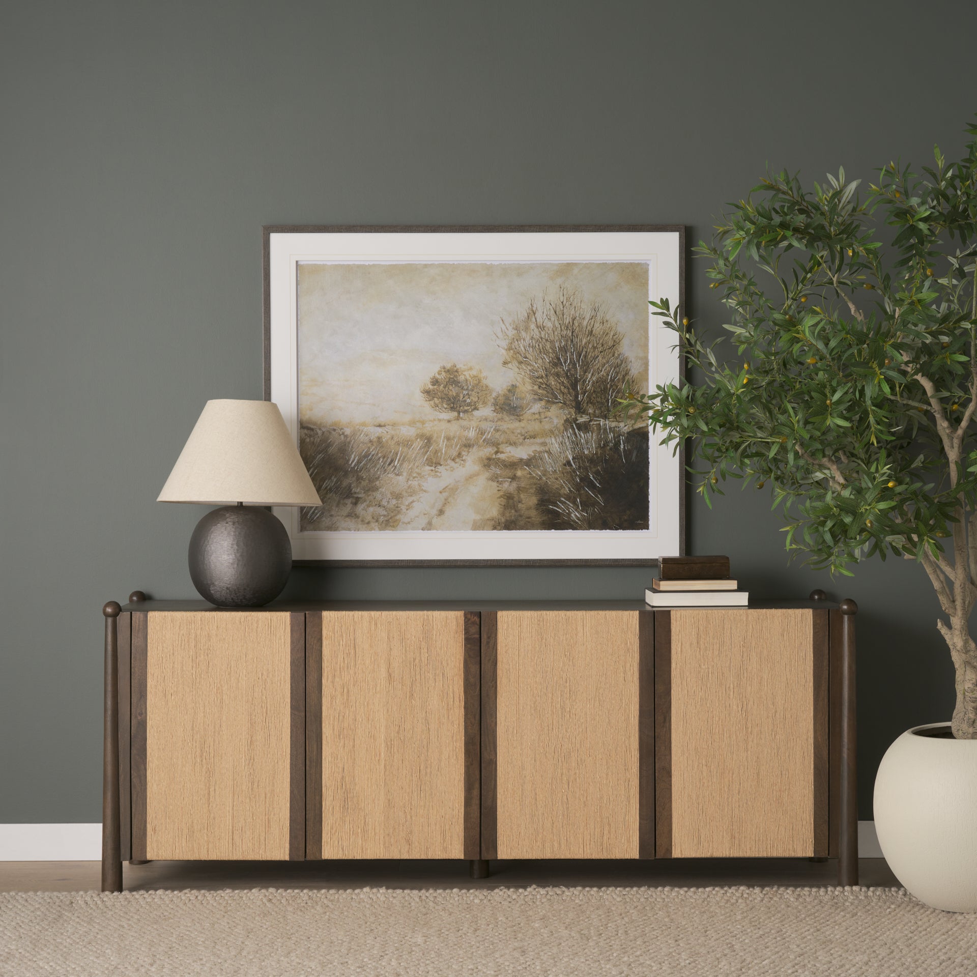 Bondi 85" Dark Brown Wood with Paper Rope 4 Door Closed Sideboard