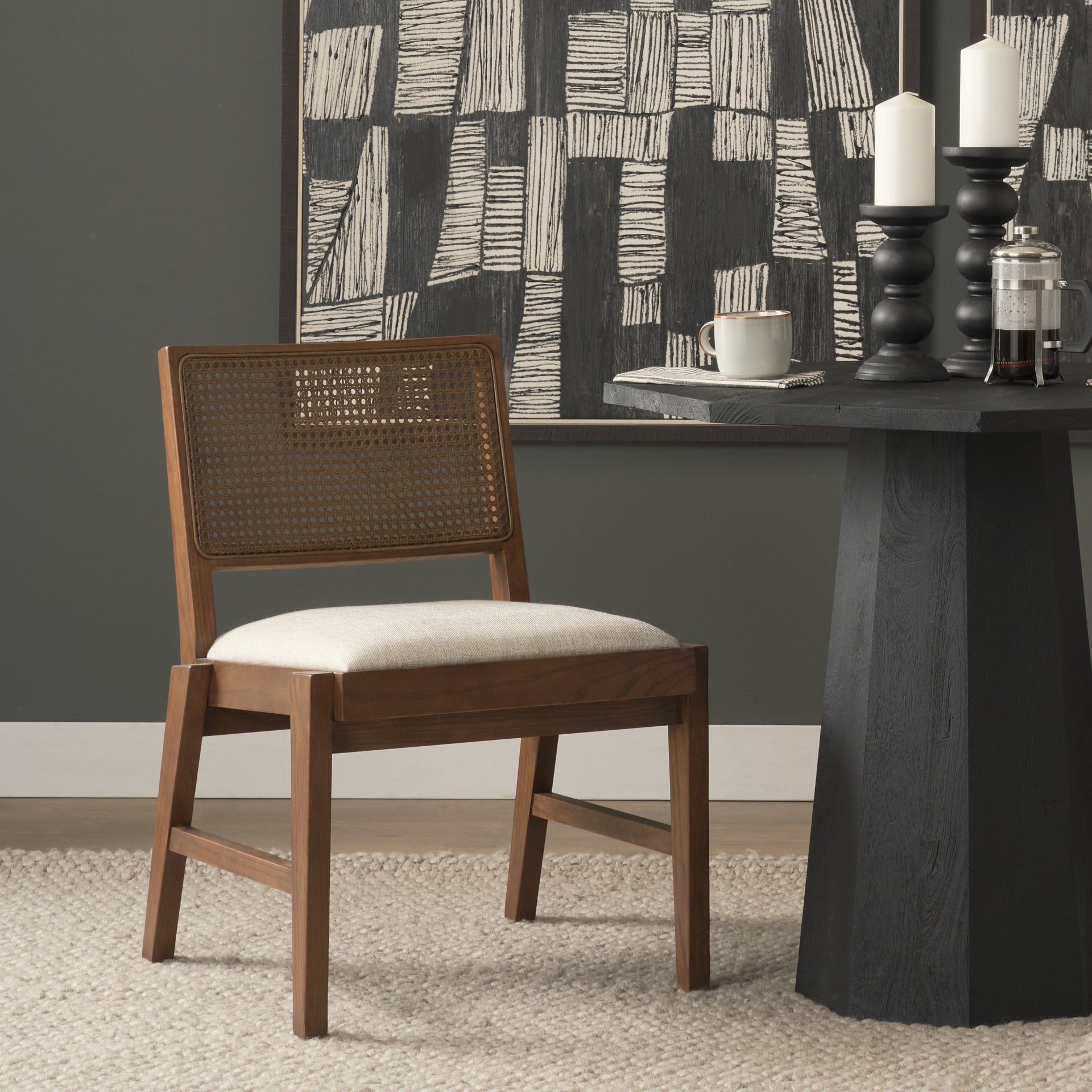 Reid Framed Brown Cane Cream Fabric Dining Chair