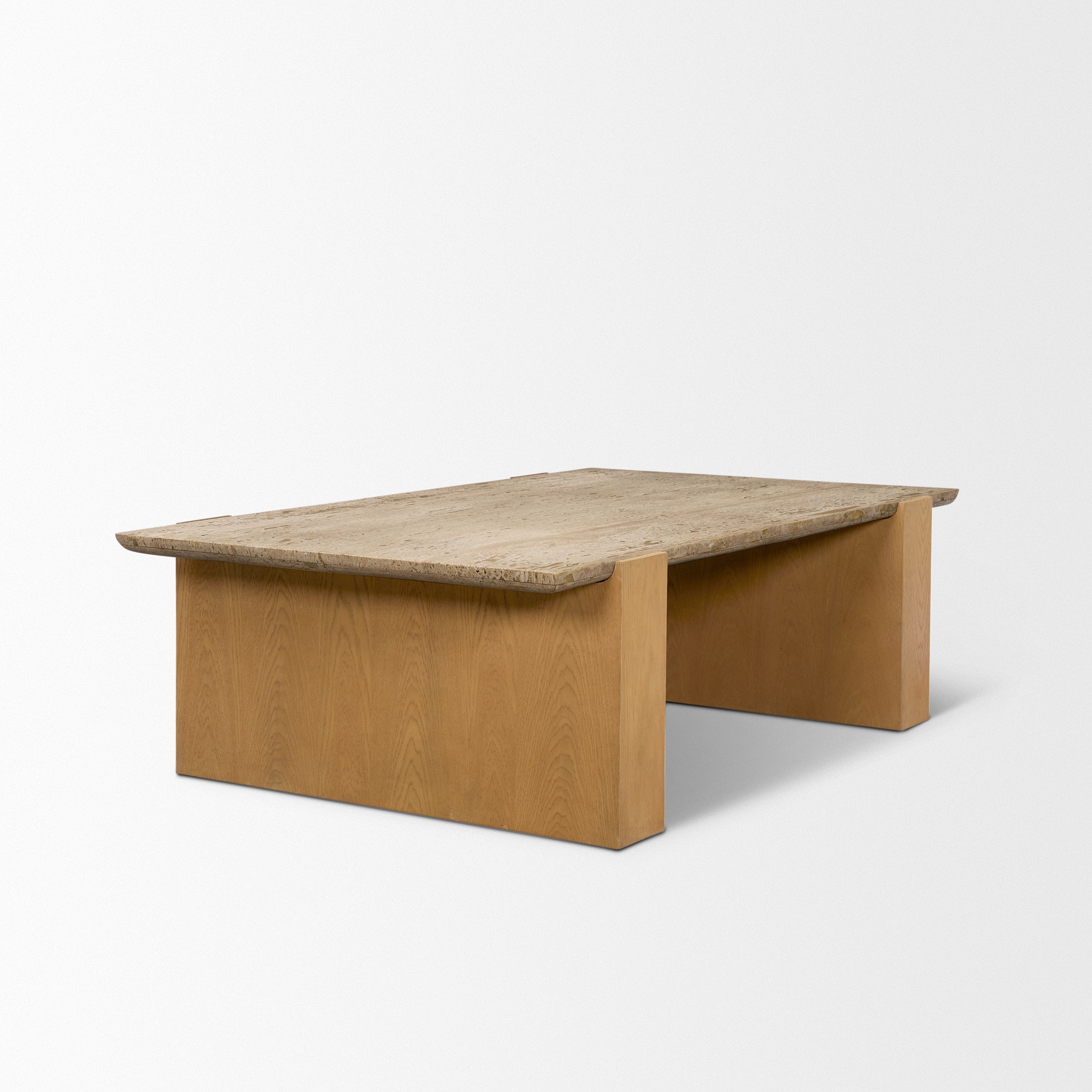 Milos Travertine Top with Light Brown Oak Wood Coffee Table