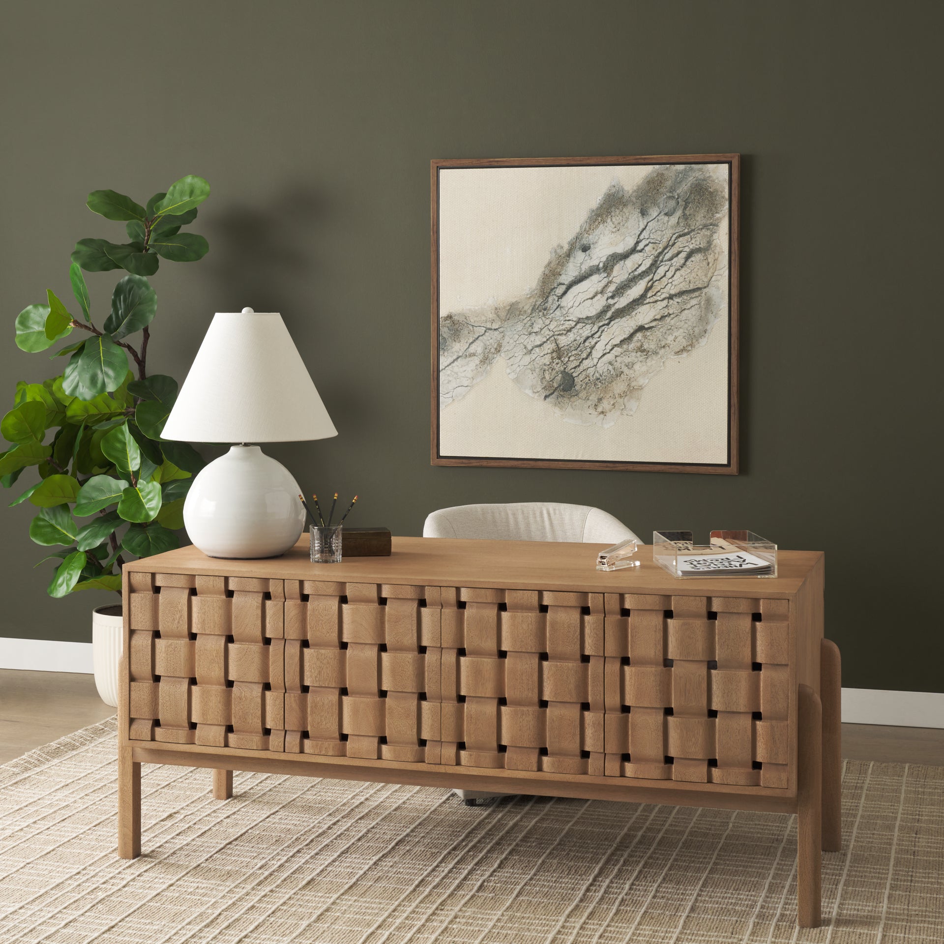 Trellyn Light Brown Solid Wood Carved Woven Desk