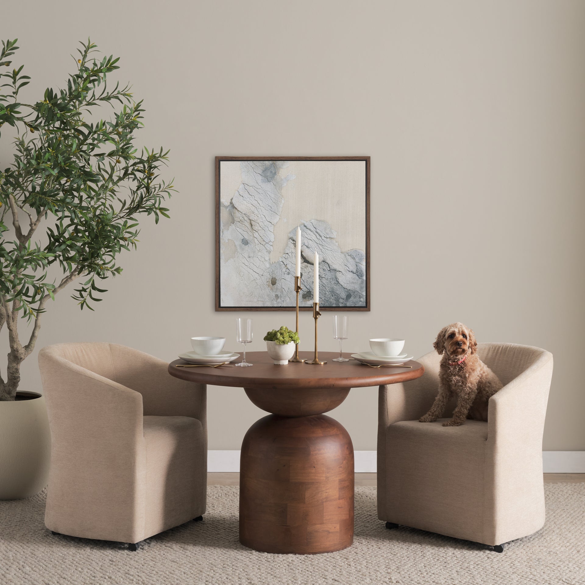 Atlas Wood Stacked Pedestal Base Round Dining Table