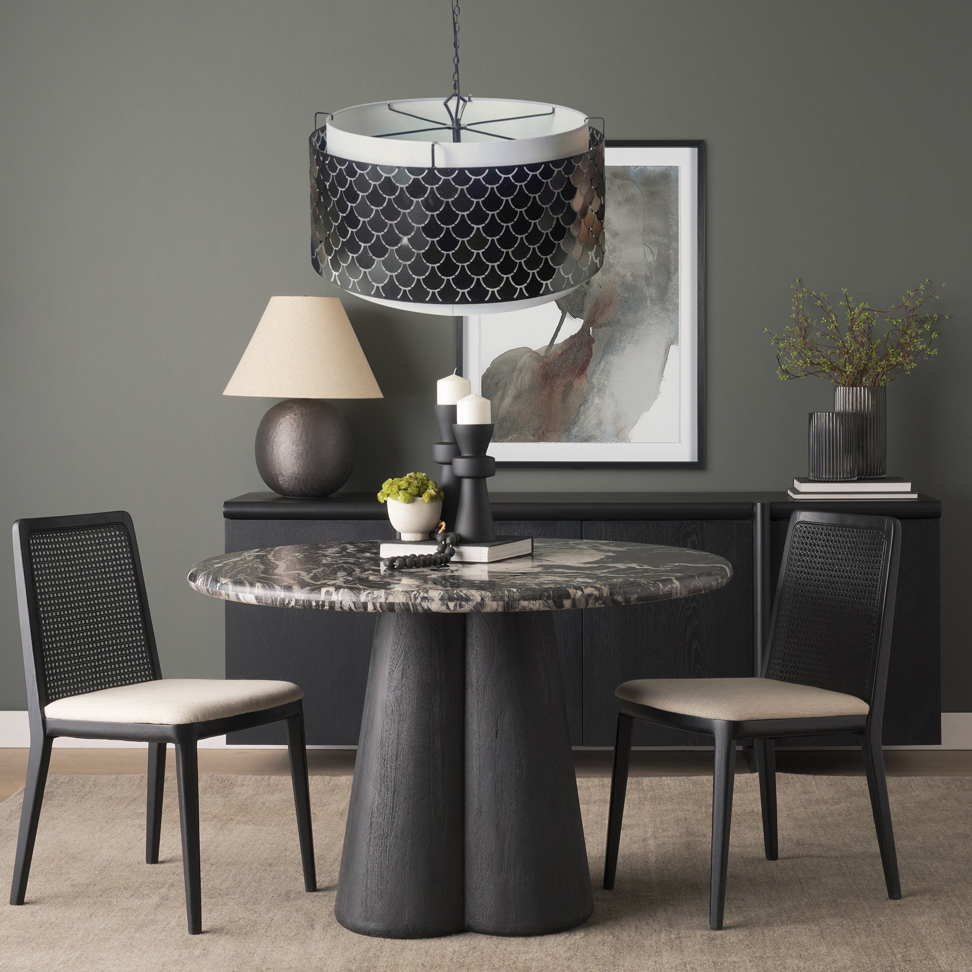 Brasseur I Charcoal Black Metal Fish Scale Three Bulb Chandelier