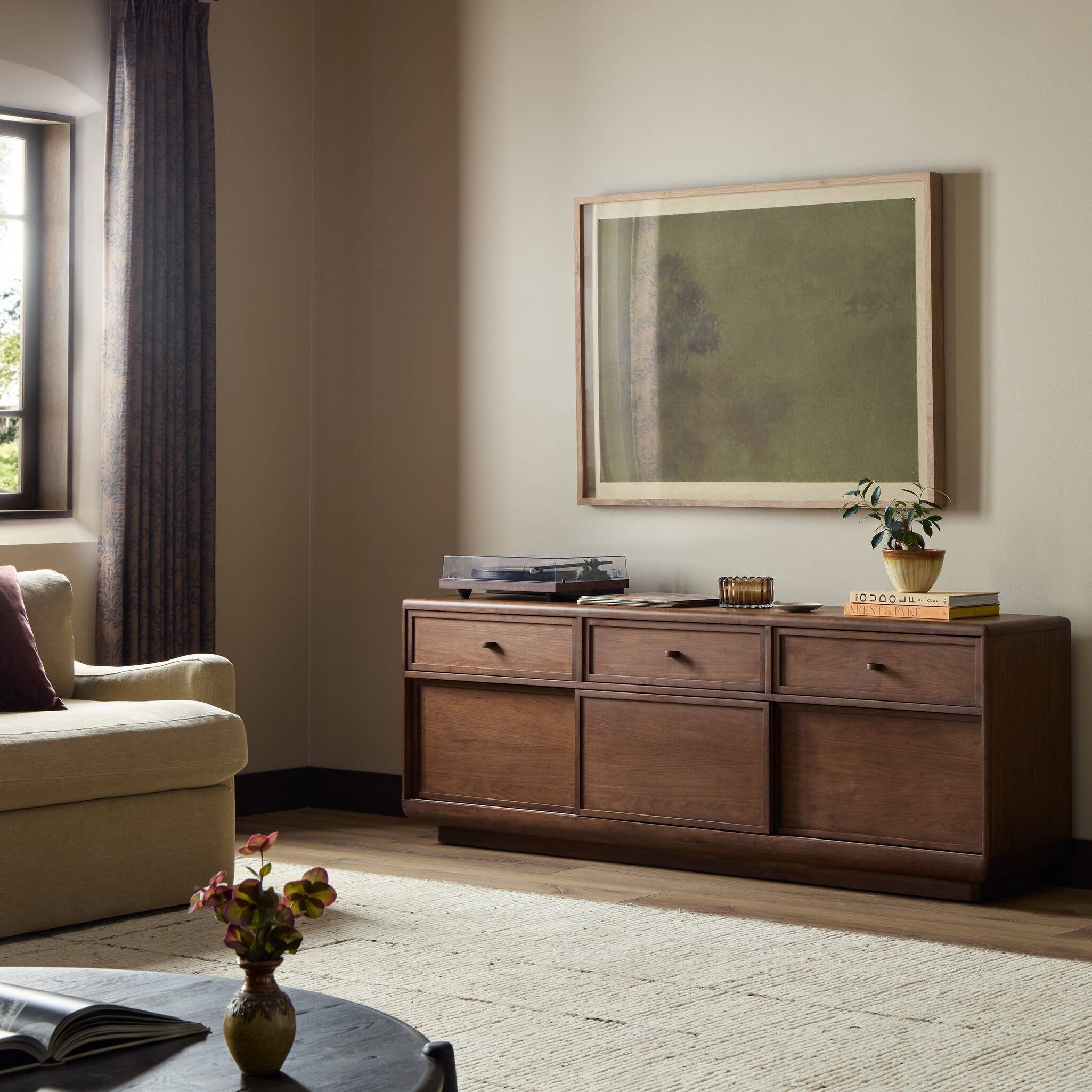 Vincent Media Console with Record Storage - Dark Brown Walnut Veneer