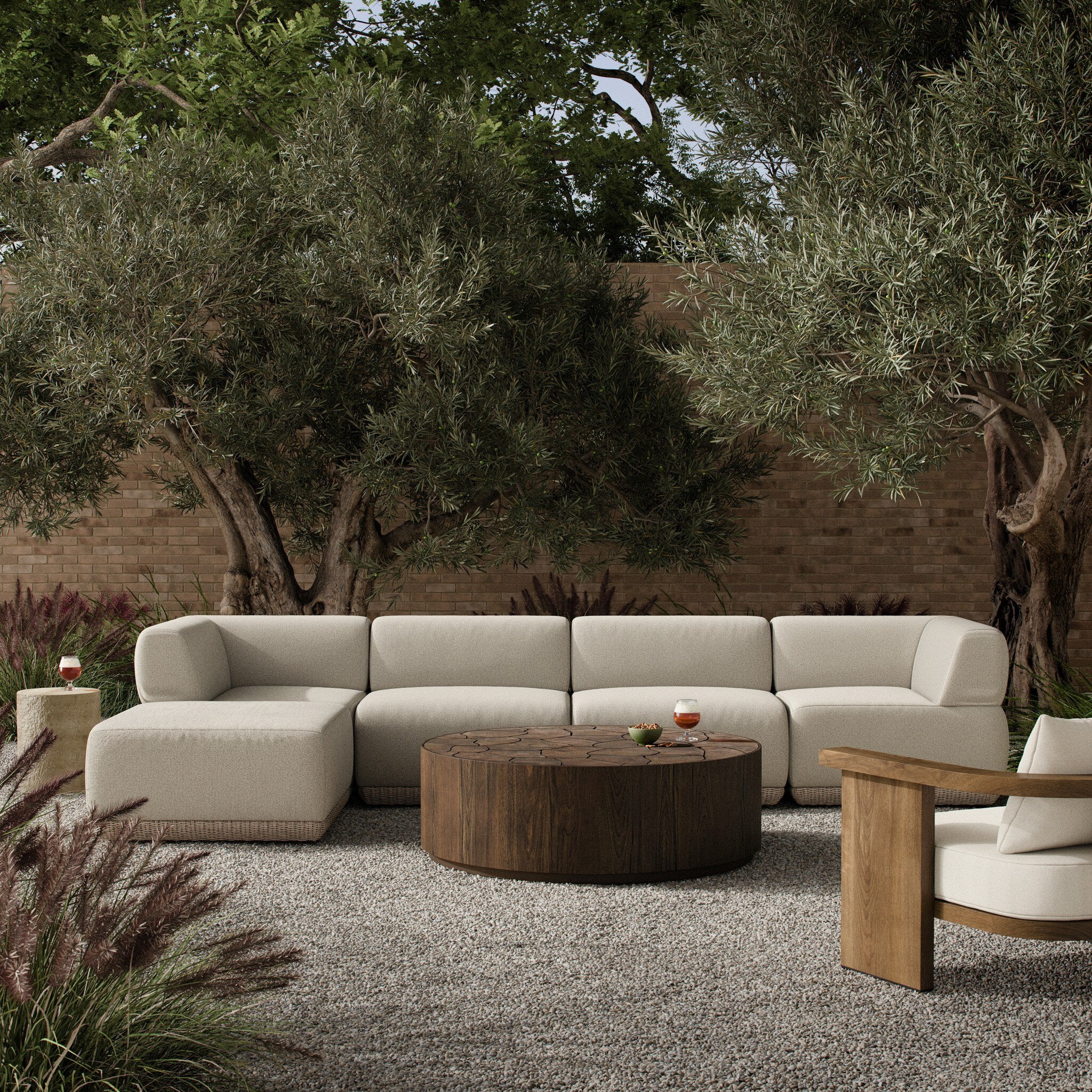 Evander Outdoor 4 Piece Sectional with Ottoman - Ramiro Ecru