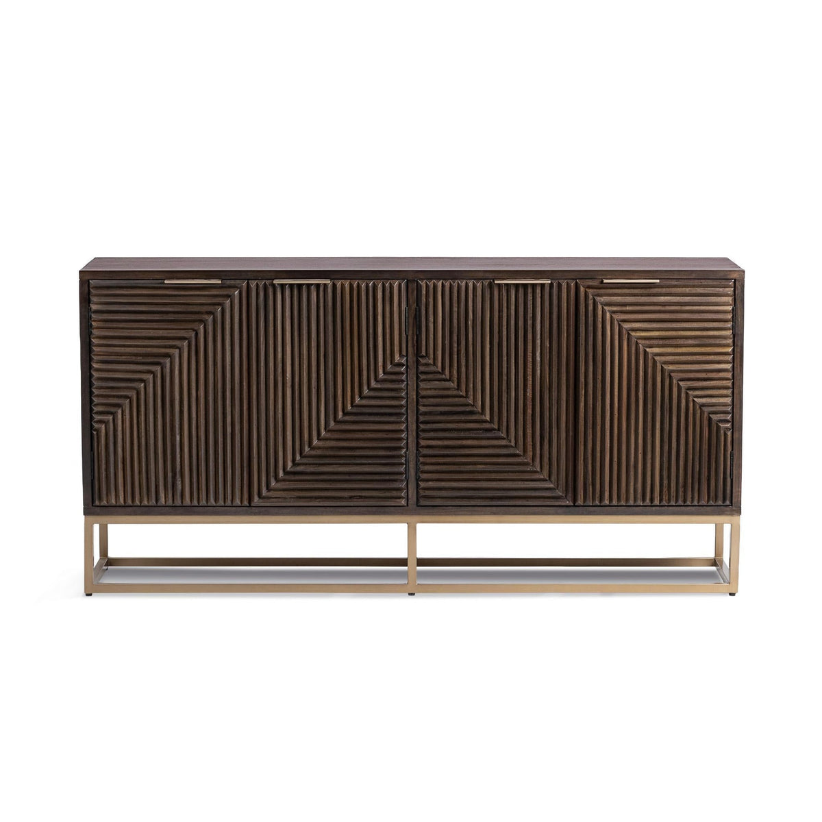 Flint Cabinet by Classic Home — straight-on view of the four-door dark brown mango wood cabinet on an iron base