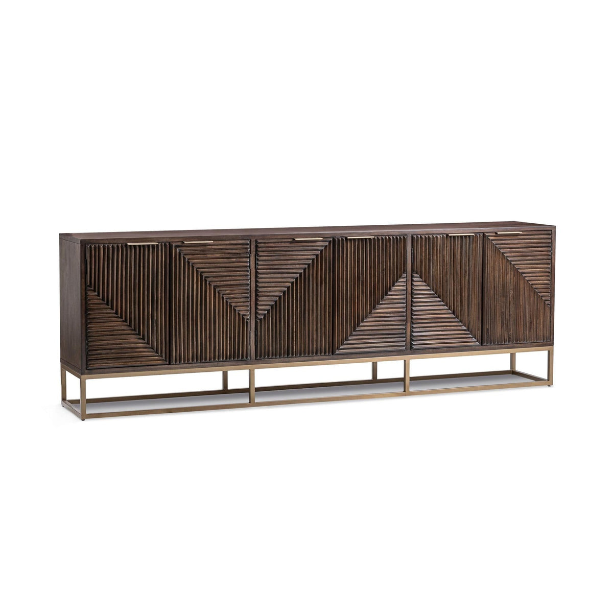 Flint Cabinet by Classic Home — six-door dark brown mango wood cabinet with carved geometric fronts, angled view