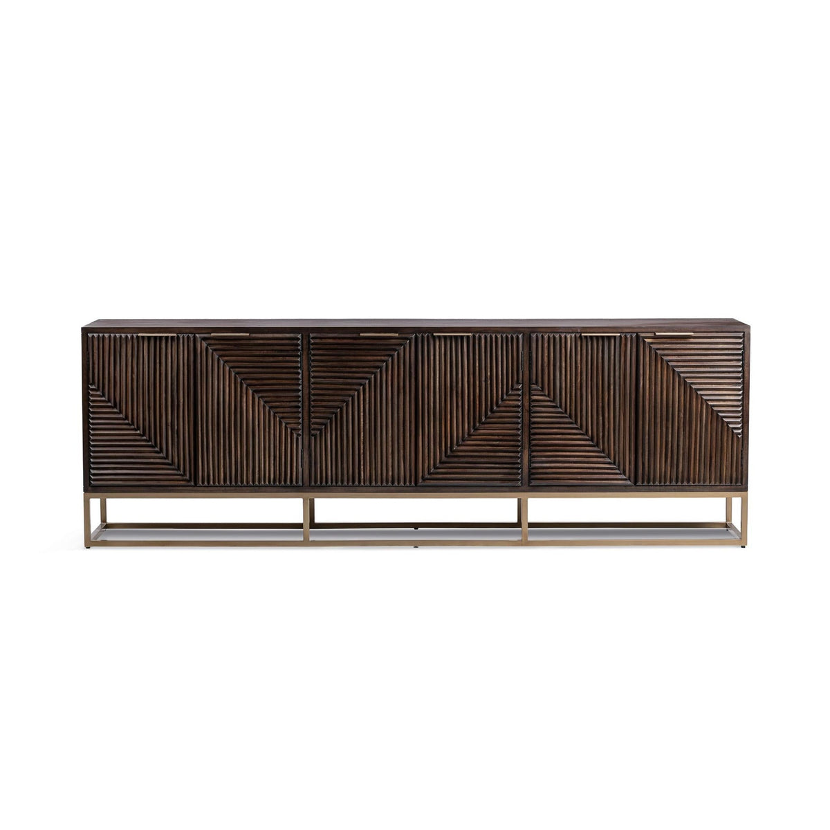 Flint Cabinet by Classic Home — front view of the six-door dark brown mango wood cabinet on an iron base