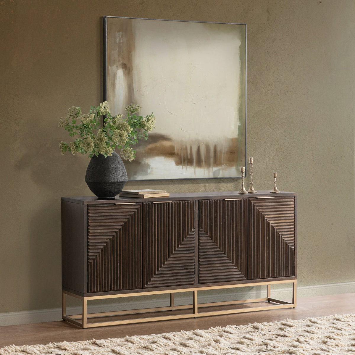 Flint Cabinet by Classic Home — six-door dark brown mango wood cabinet in a room, with carved fronts and iron base