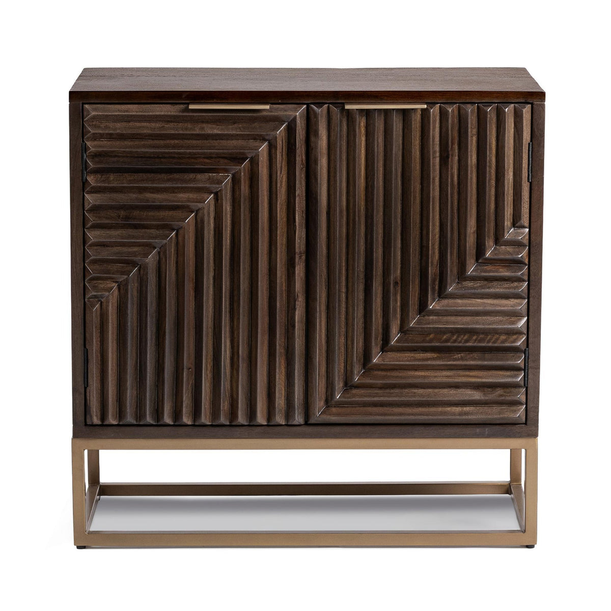 Flint Cabinet by Classic Home — front view of the two-door dark brown mango wood cabinet with geometric carved fronts