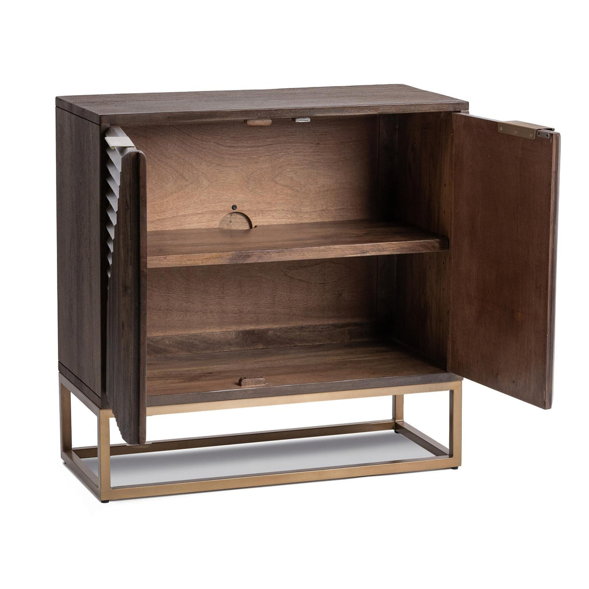Flint Cabinet by Classic Home — two-door dark brown mango wood cabinet open to show the adjustable interior shelf