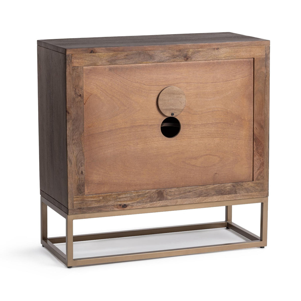 Flint Cabinet by Classic Home — rear view of the two-door mango wood cabinet with cable access openings and iron base