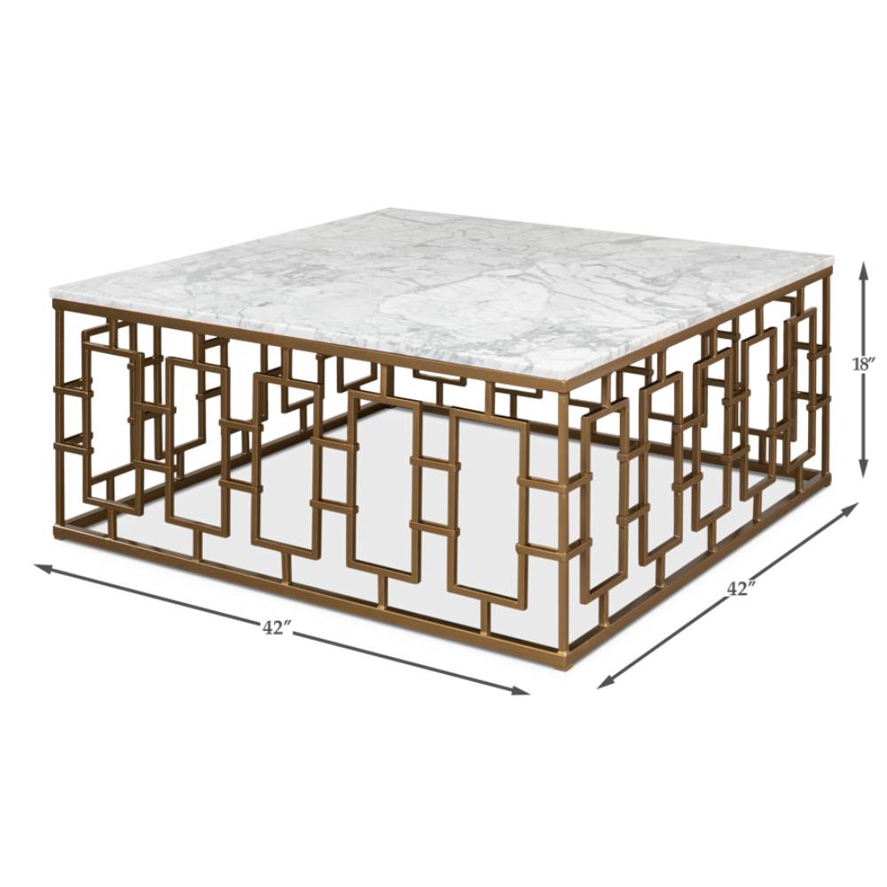 Brass Gate Cocktail Table with White Marble