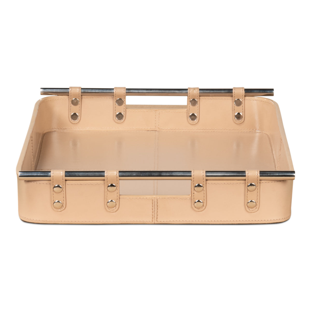 Safari Leather Tray by Sarreid — Tan leather tray, straight-on front view with nickel rails and loop fasteners