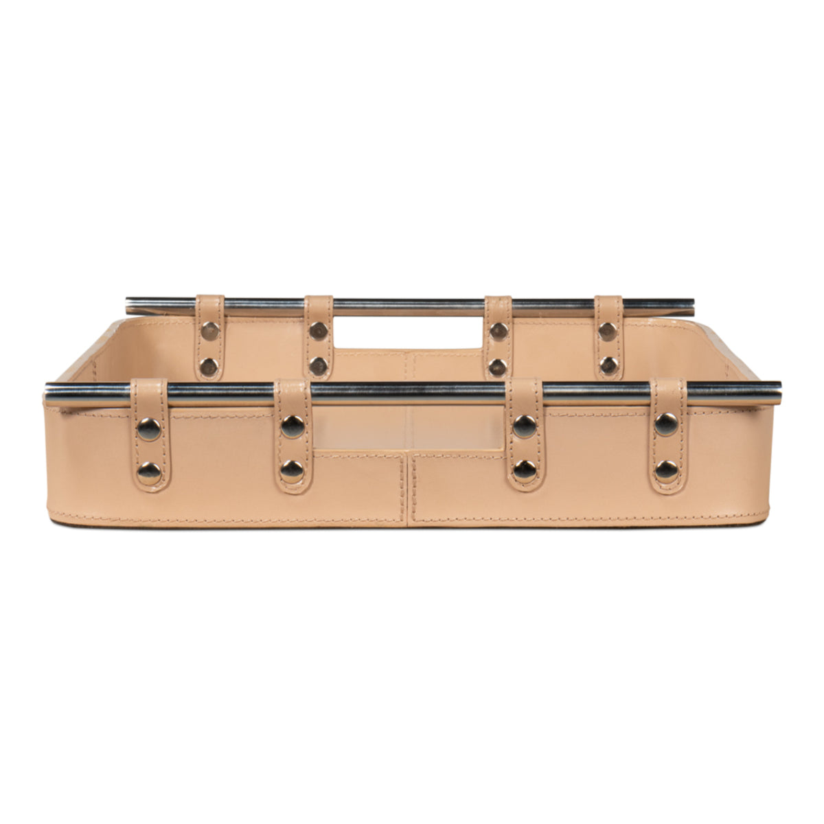 Safari Leather Tray by Sarreid — Tan leather tray, side profile showing stitched panels and polished nickel rails