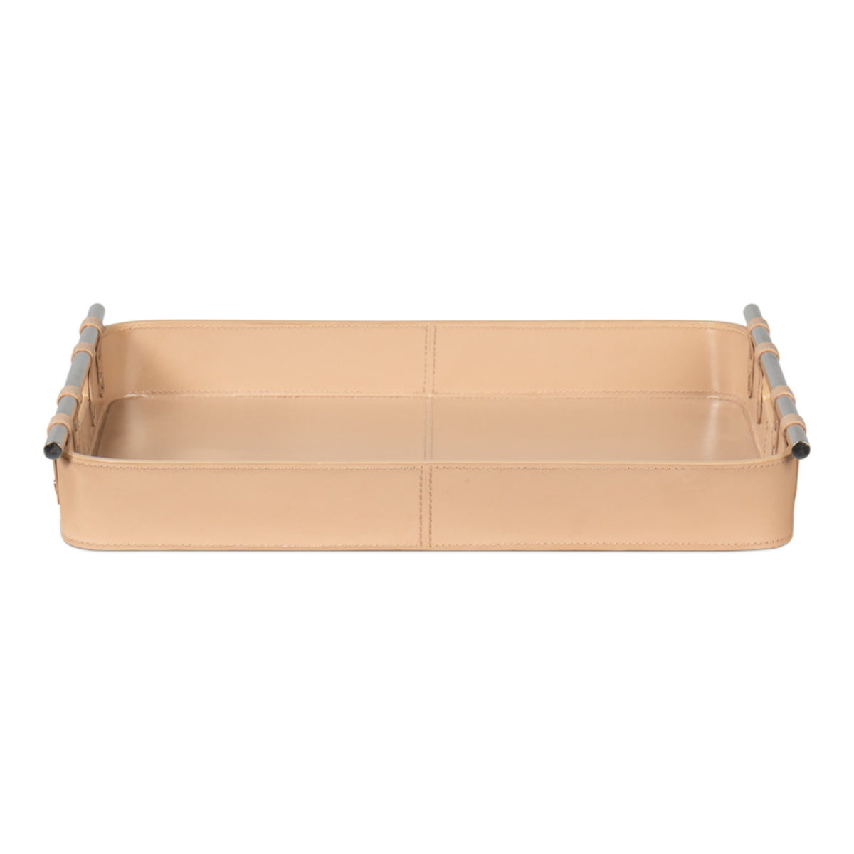Safari Leather Tray by Sarreid — low angled view highlighting the shallow Tan profile and nickel side rails