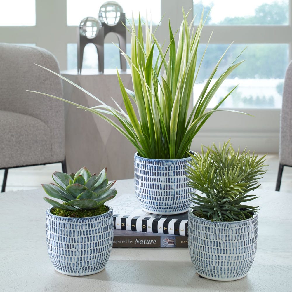 Uttermost Puebla Greenery in Blue & White Pots - Set of 3