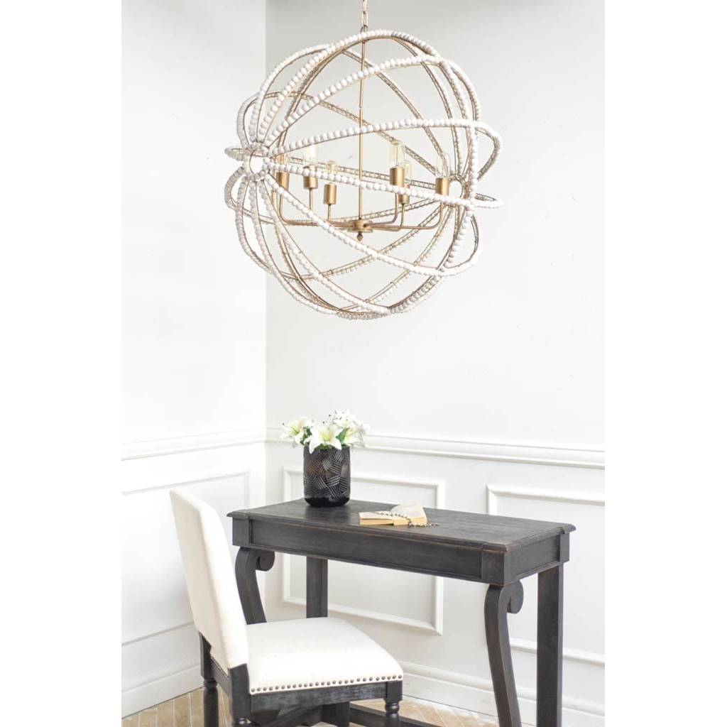 Ava White 34"D Gold Metal and White Wood Beaded Six Bulb Chandelier