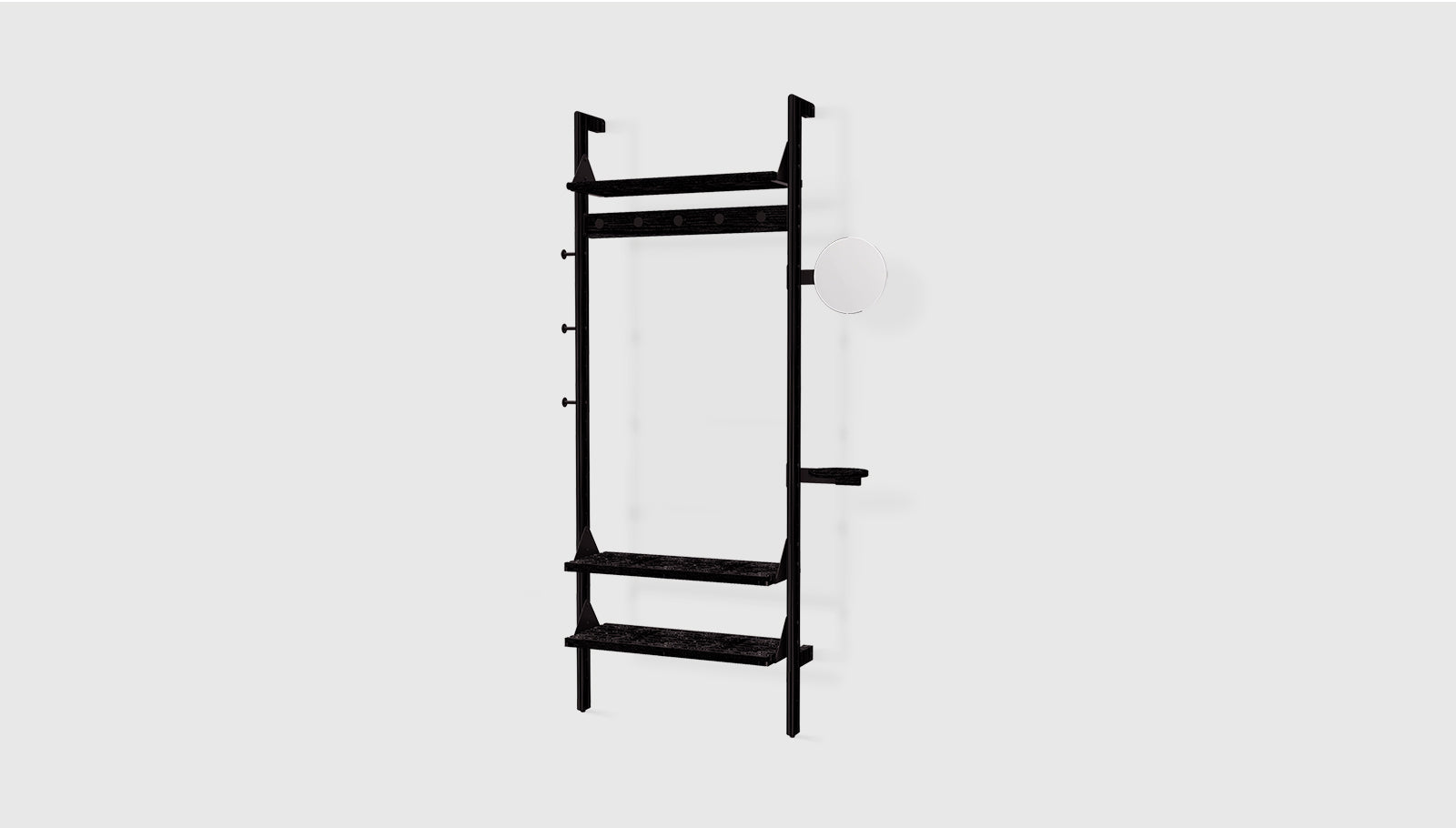 Branch-1 Entryway Unit Black Uprights Black Brackets Black ShelvesShelf Gus* Black Uprights Black Brackets Black Shelves Four Hands, Mid Century Modern Furniture, Old Bones Furniture Company, Old Bones Co, Modern Mid Century, Designer Furniture, https://www.oldbonesco.com/