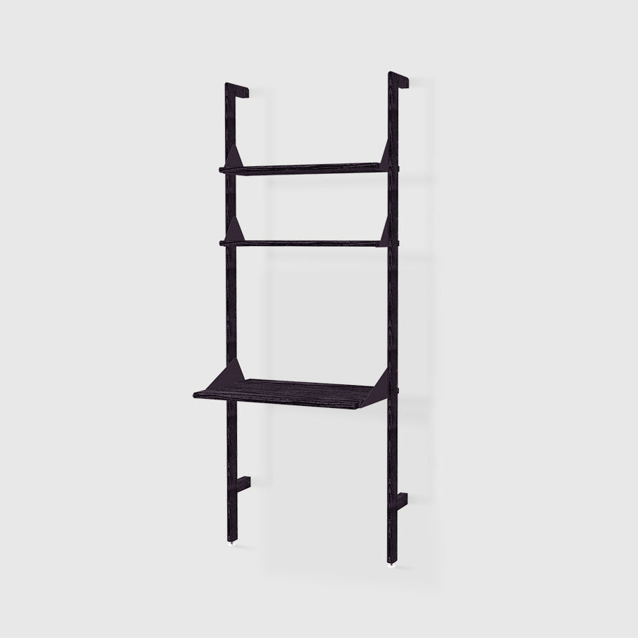 Branch-1 Shelving Unit with Desk by Gus* — black uprights, black brackets and black shelves.