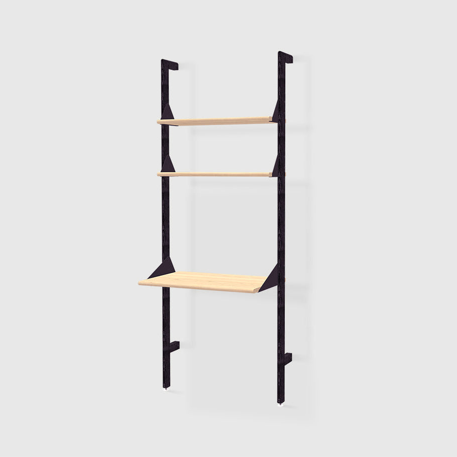 Branch-1 Shelving Unit with Desk by Gus* — black uprights, black brackets and blonde shelves.