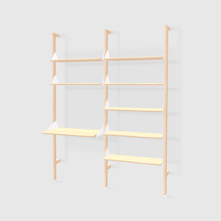Branch-2 Shelving Unit with Desk by Gus* — blonde uprights, white brackets and blonde shelves.