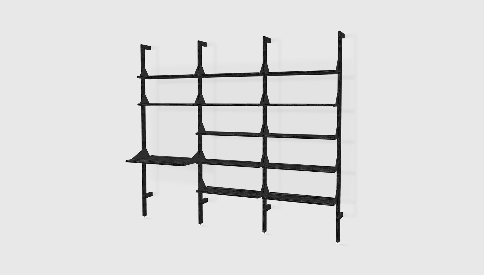 Branch-3 Shelving Unit with Desk Black Uprights Black Brackets Black ShelvesSHELVING Gus* Black Uprights Black Brackets Black Shelves Four Hands, Mid Century Modern Furniture, Old Bones Furniture Company, Old Bones Co, Modern Mid Century, Designer Furniture, https://www.oldbonesco.com/