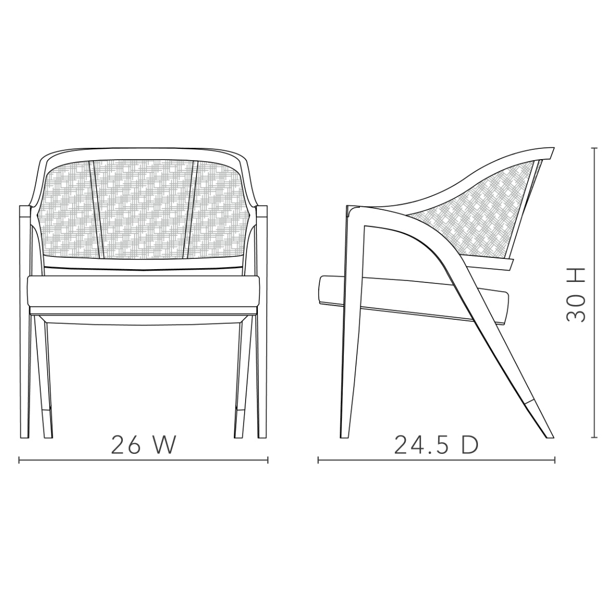 Edward Lounge Chair dimensional diagram showing 26-inch width, 24.5-inch depth and 30-inch height.