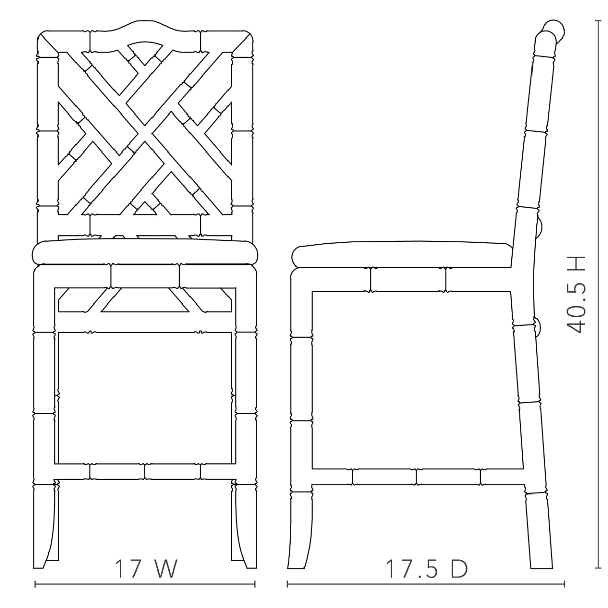 Hampton Counter Stool dimensional diagram — front and side views, 17 in. wide, 17.5 in. deep and 40.5 in. high