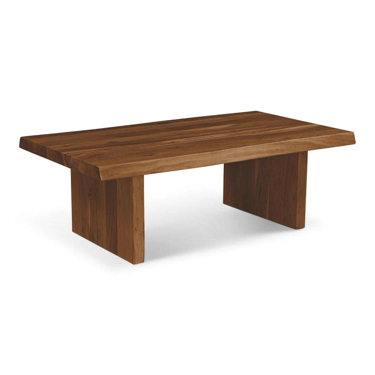 Brooks Coffee Table by Urbia — warm brown solid acacia, three-quarter view of the live-edge top and slab legs