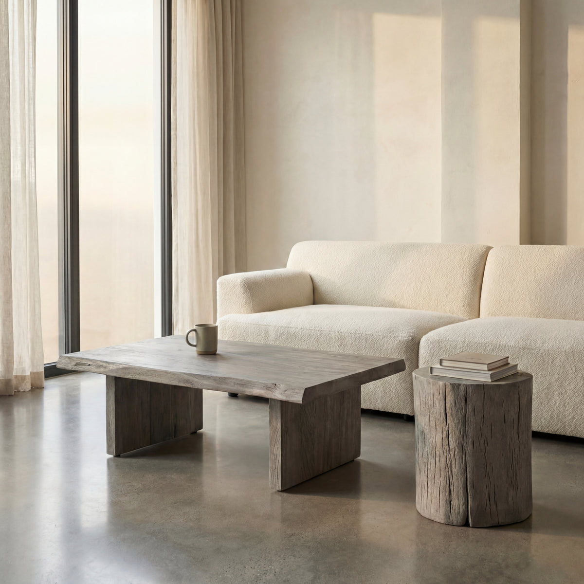 Brooks Coffee Table by Urbia — grey-toned solid acacia table in a bright living room, angled view