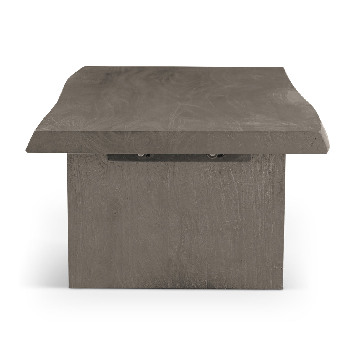 Brooks Coffee Table by Urbia — grey-toned solid acacia, end-on view with centered support hardware