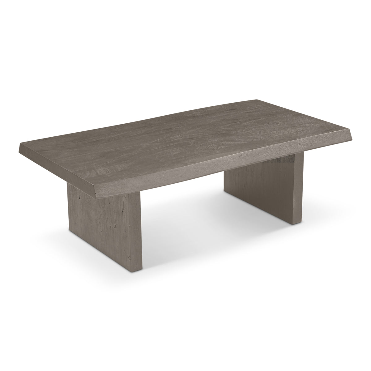 Brooks Coffee Table by Urbia — grey-toned solid acacia, elevated three-quarter view of the top and slab legs