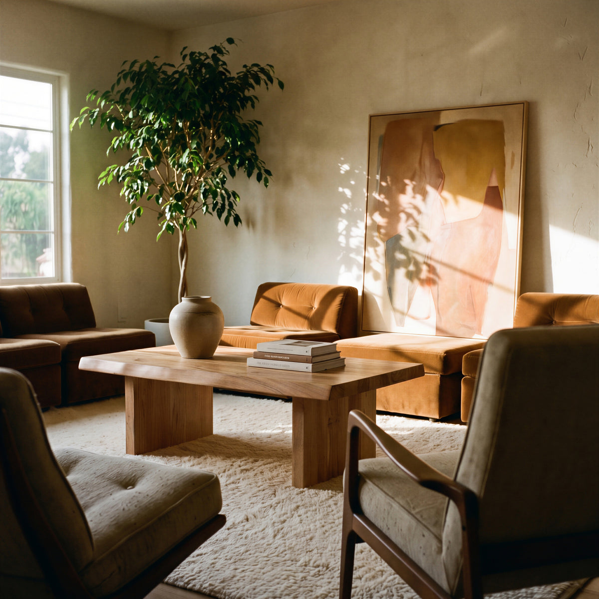 Brooks Coffee Table by Urbia — warm acacia table styled between lounge chairs in a sunlit room