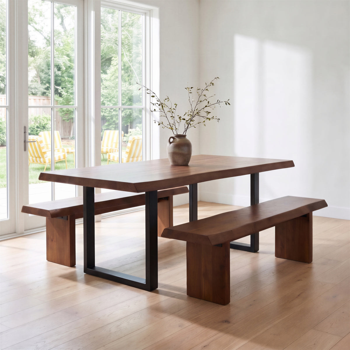 Brooks Dining Table - U Base by Urbia, side profile with two benches beside garden windows