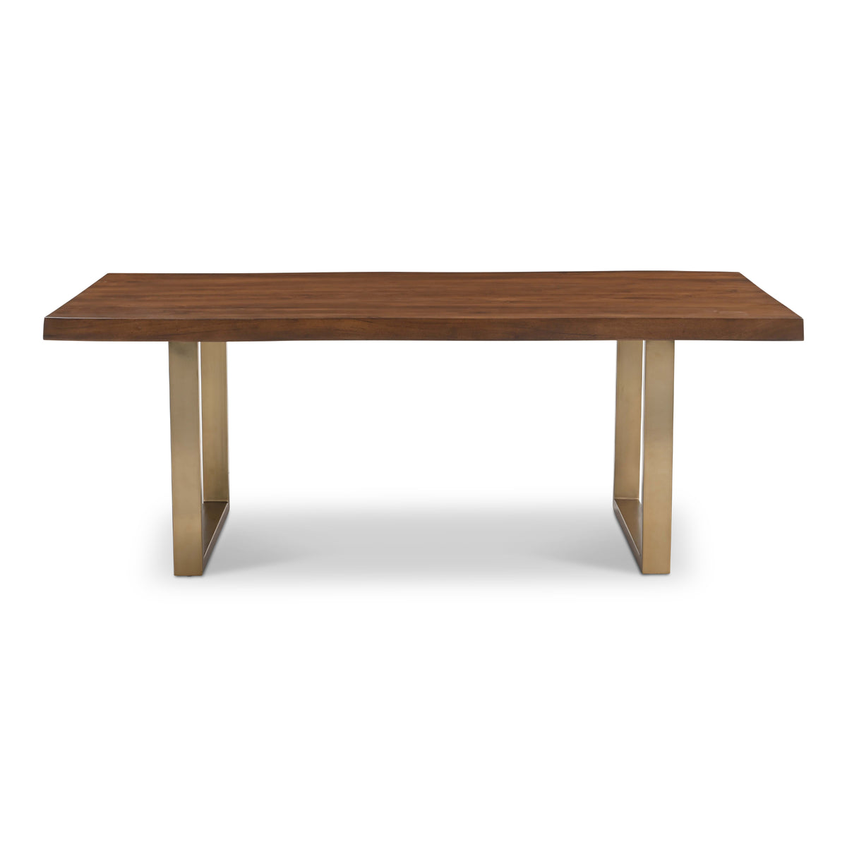 Brooks Dining Table - U Base by Urbia — straight side profile with a warm-brown acacia top on gold-toned metal supports