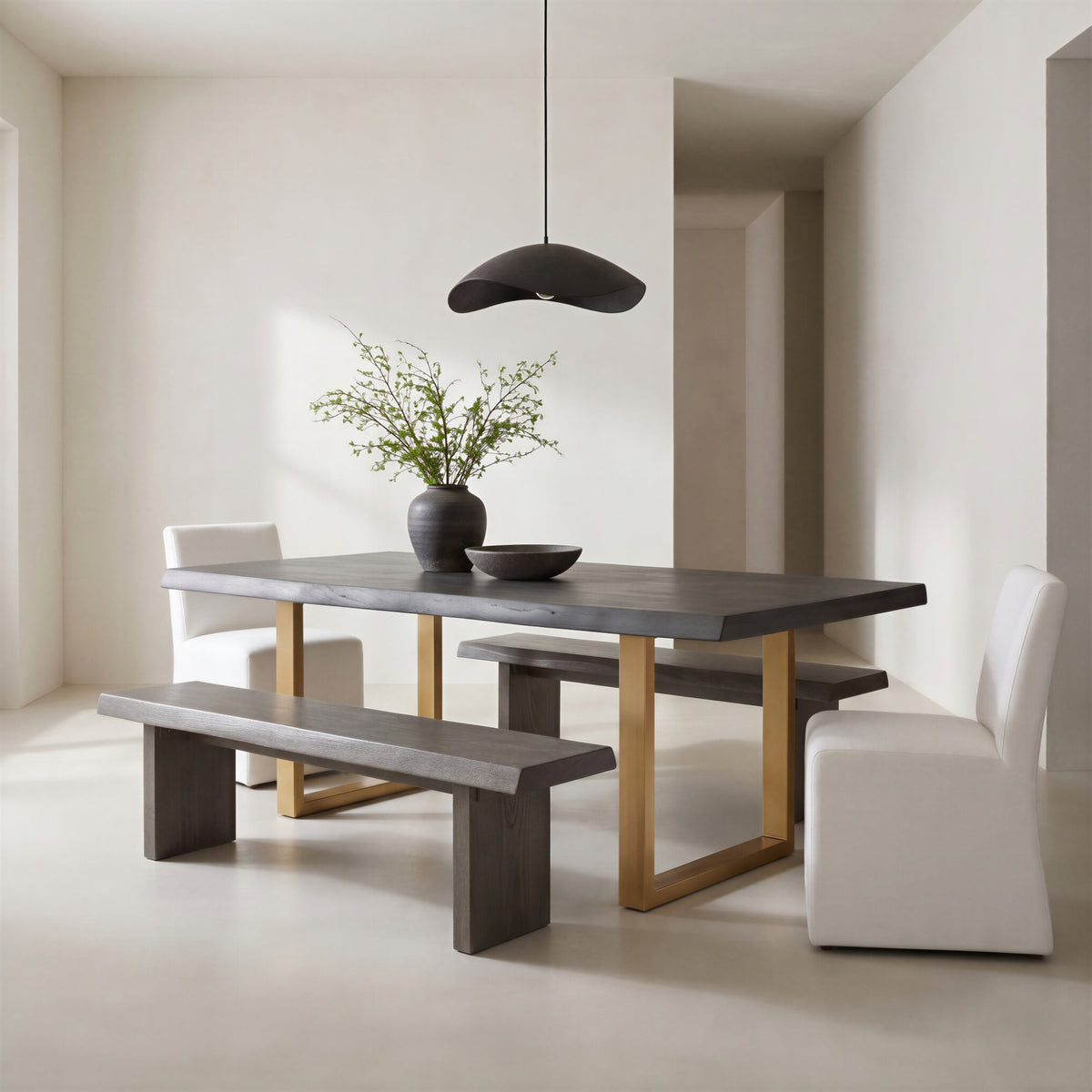 Brooks Dining Table - U Base by Urbia, angled lifestyle view with U-shaped metal base, two benches and dining chairs