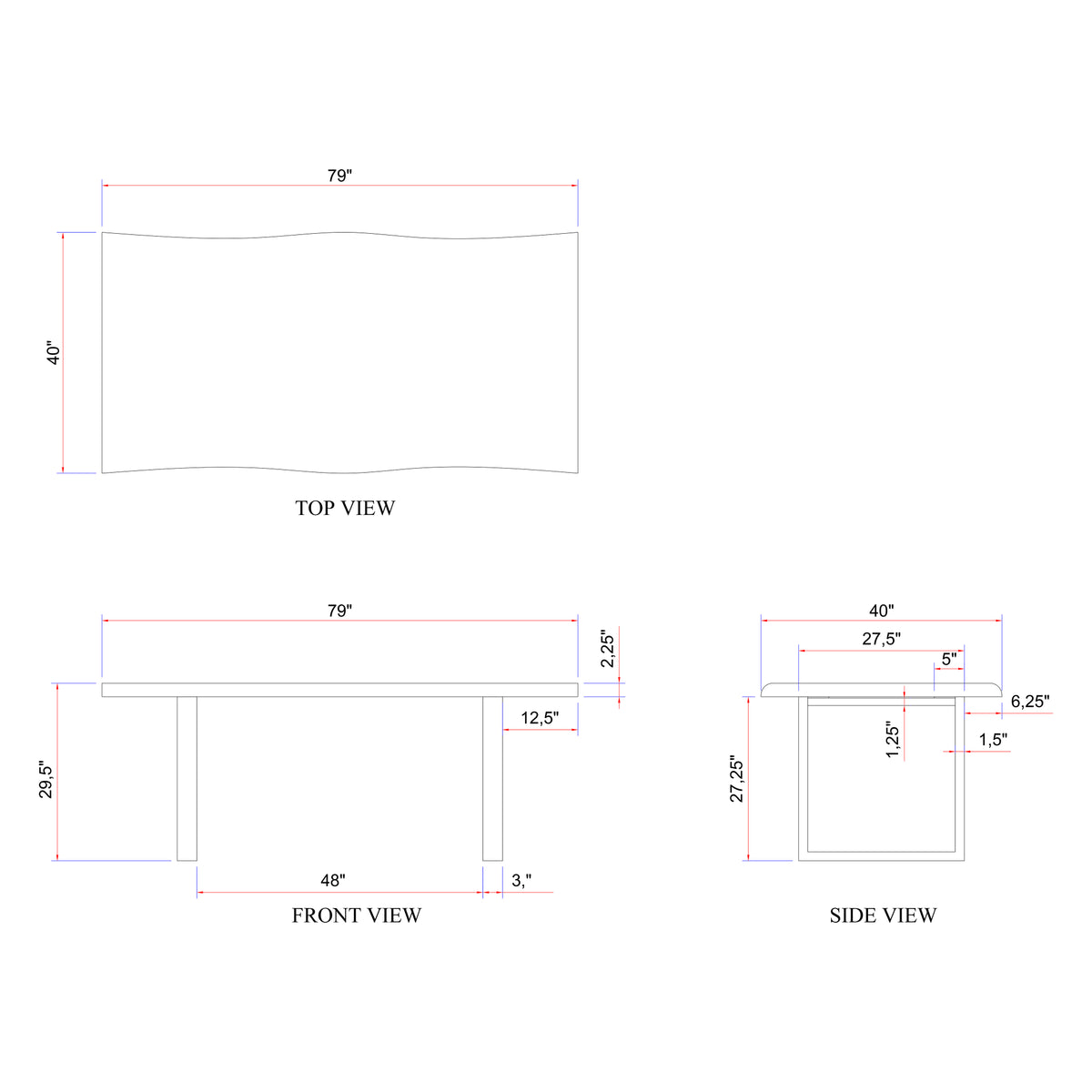 Brooks Dining Table - U Base by Urbia — 79-inch dimensional diagram with top, front and side measurements
