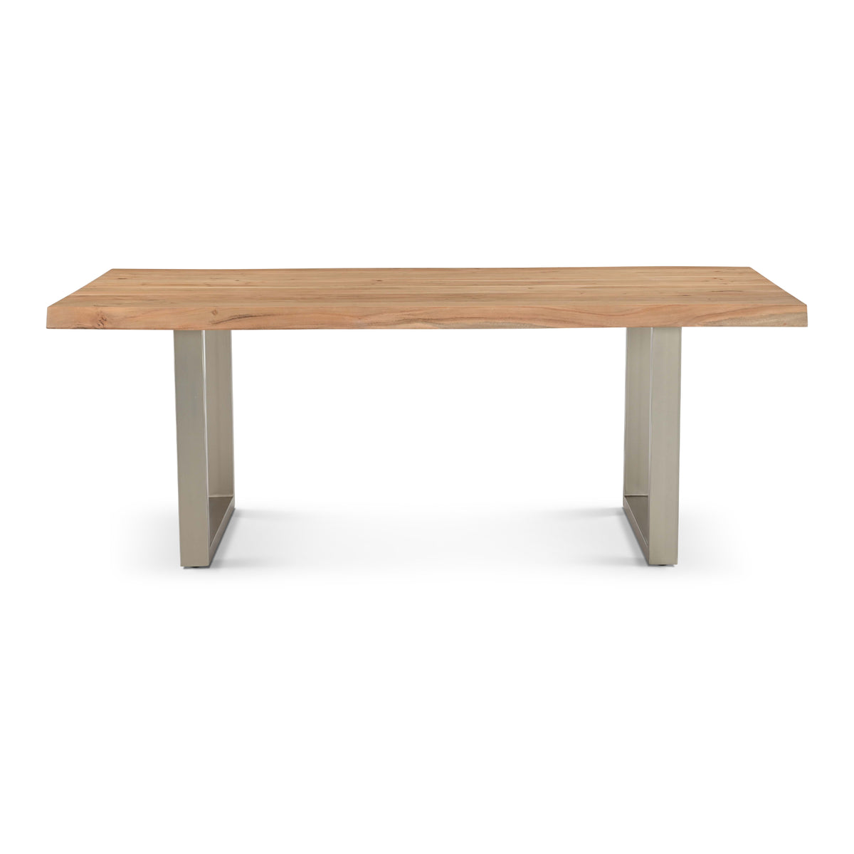Brooks Dining Table - U Base by Urbia — straight-on side profile with warm acacia top and light metal U supports