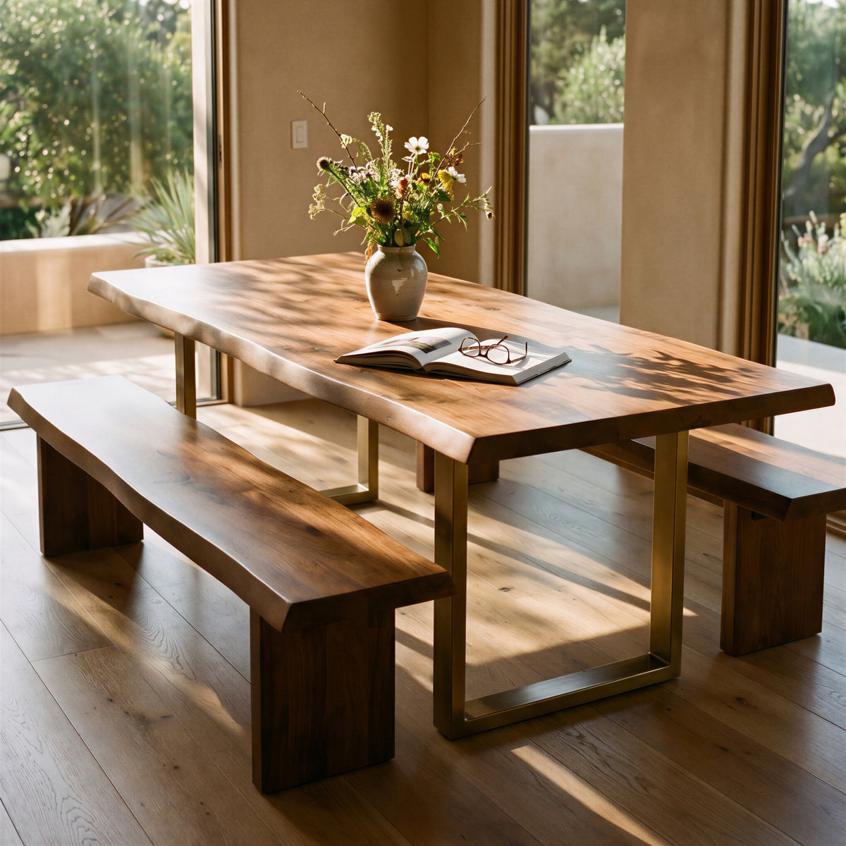 Brooks Dining Table - U Base by Urbia, close tabletop view with natural edge, vase and open book