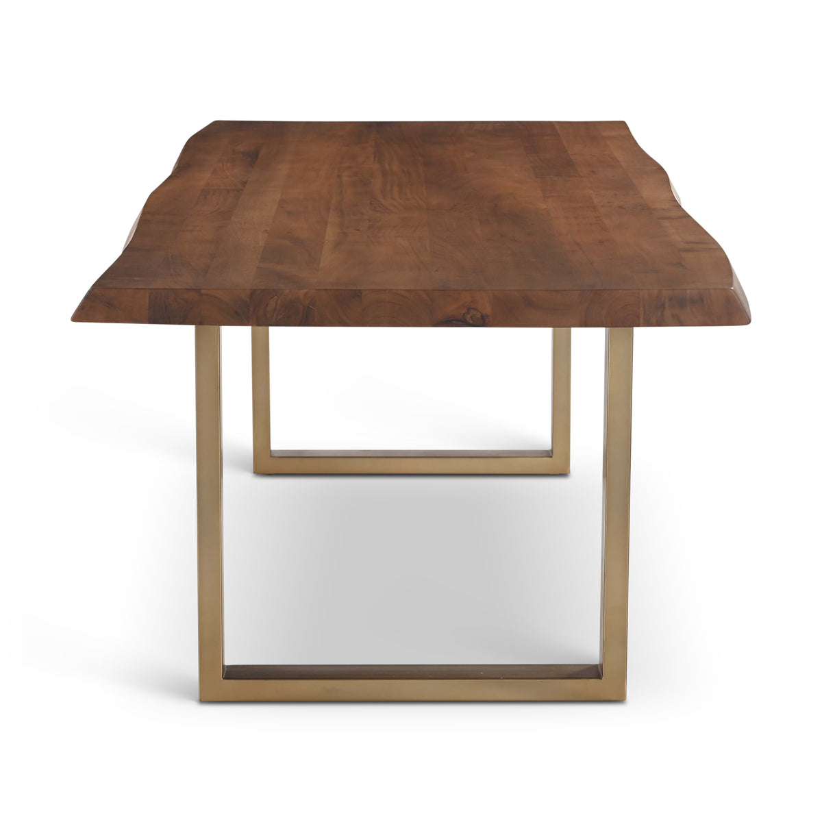 Brooks Dining Table - U Base by Urbia — end profile showing the live-edge acacia top and rectangular gold-toned base