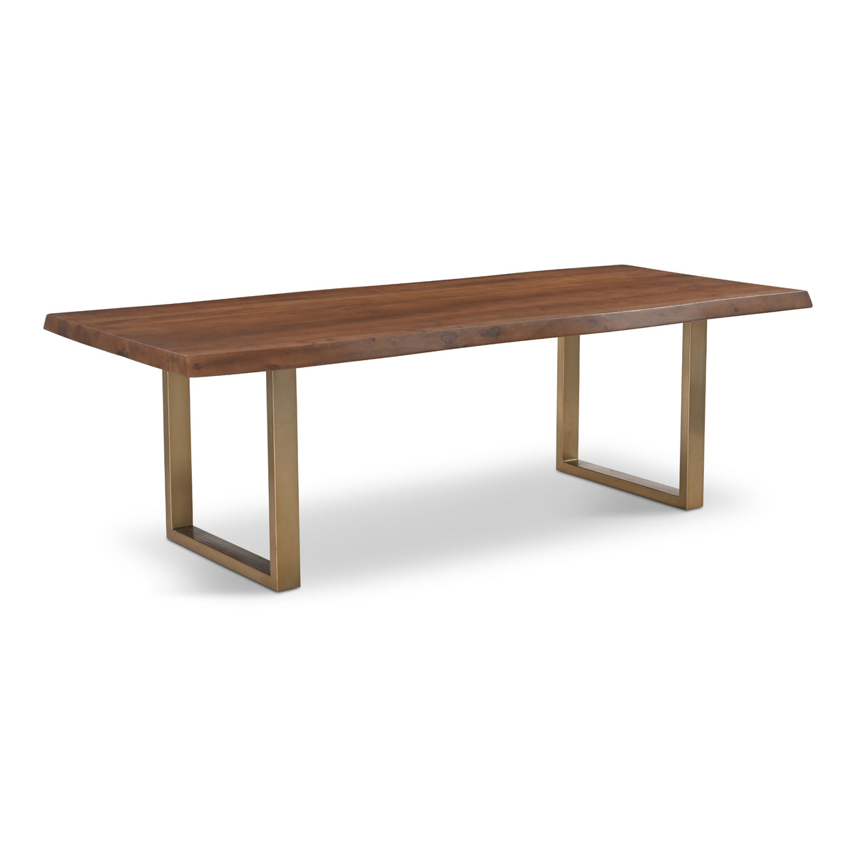 Brooks Dining Table - U Base by Urbia — 92-inch Americano acacia top with Brass U base, three-quarter view