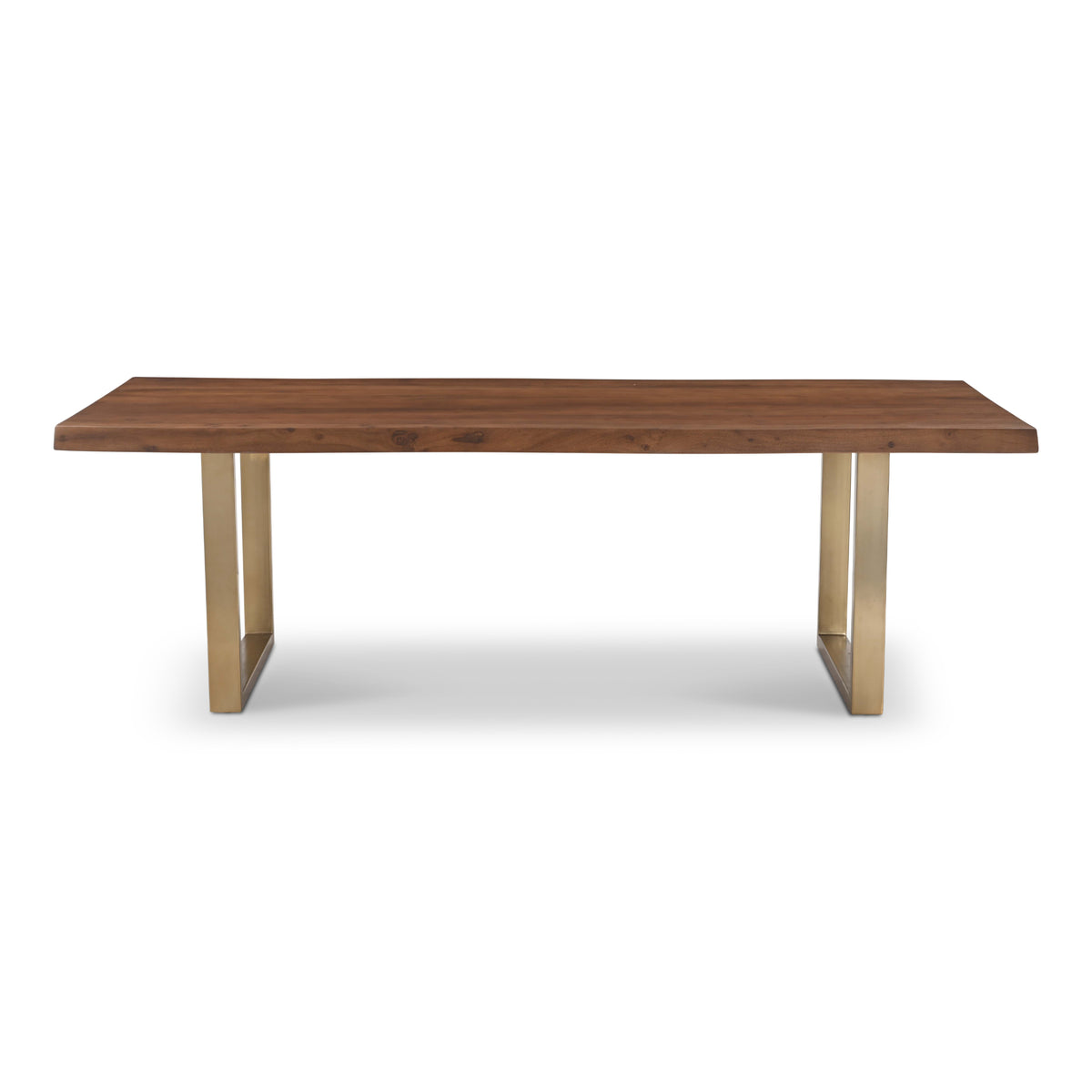 Brooks Dining Table - U Base by Urbia — centered side profile with warm-brown acacia top and gold-toned supports