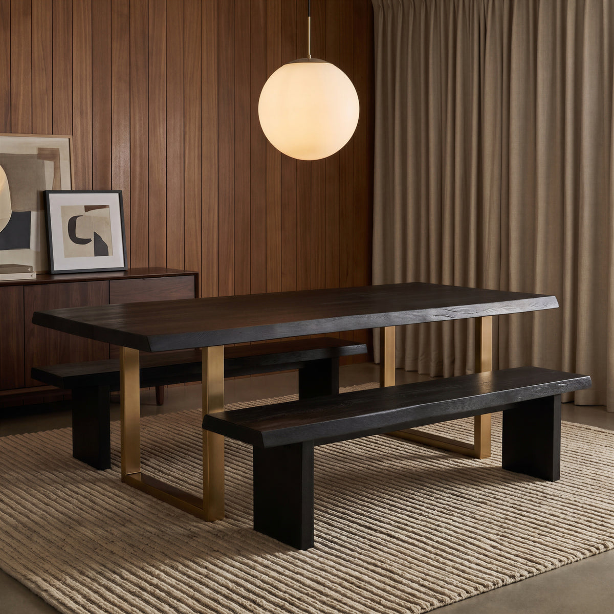 Brooks Dining Table - U Base by Urbia, centered front view with two benches against a wood-paneled wall