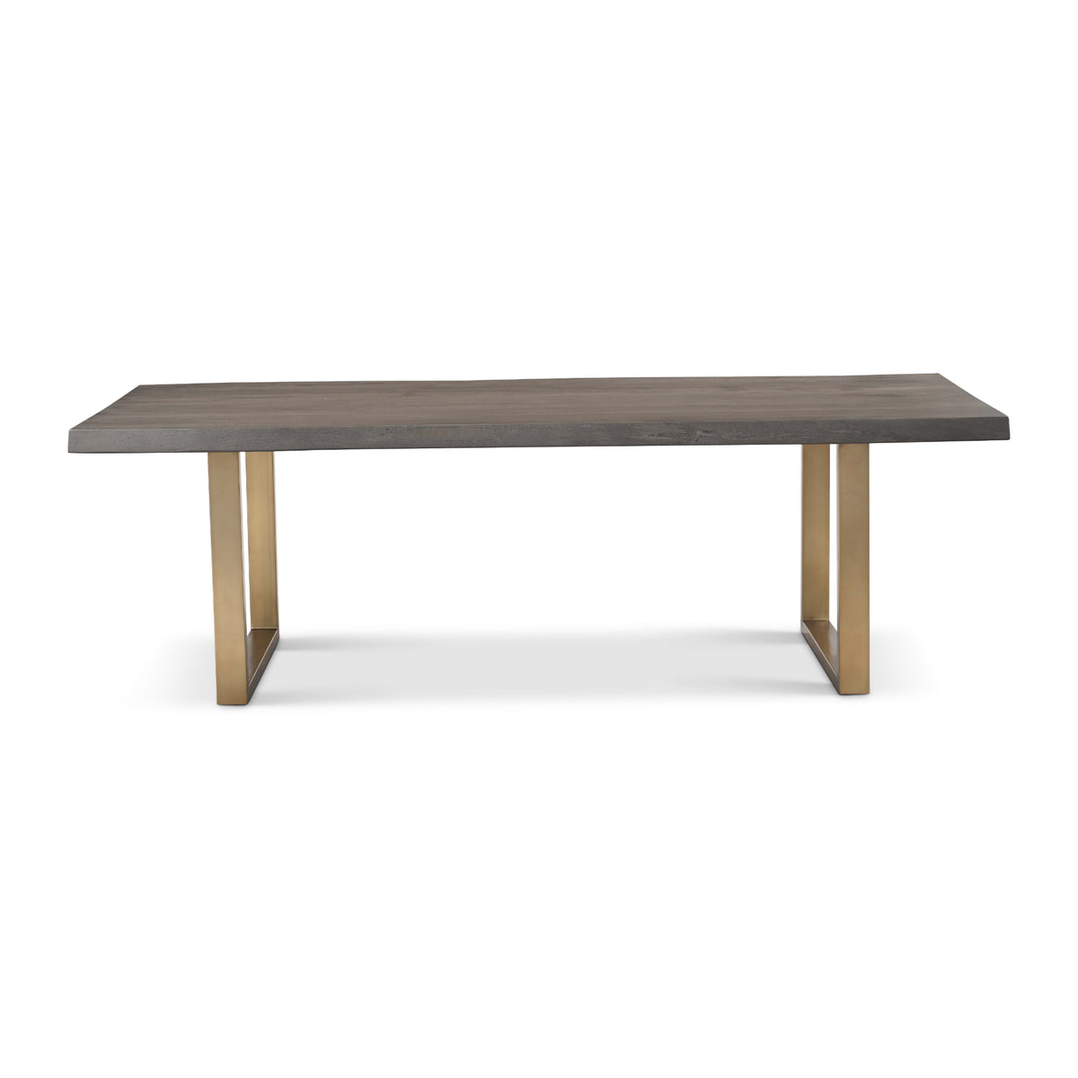 Brooks Dining Table - U Base by Urbia — side profile of the dark gray acacia top on paired warm brass-toned supports
