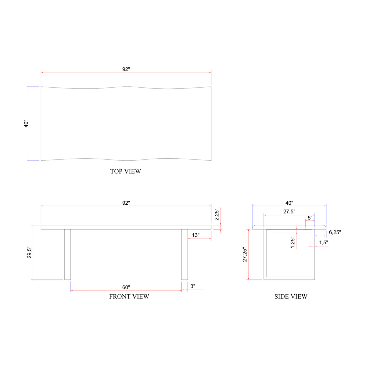 Brooks Dining Table - U Base by Urbia — 92-inch dimensional diagram with top, front and side measurements