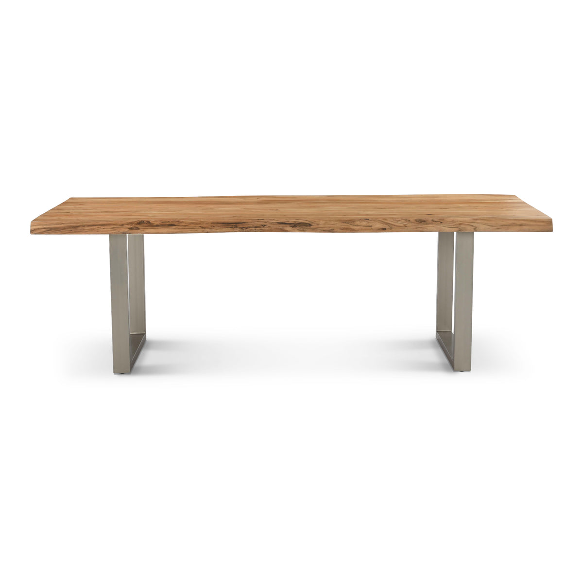 Brooks Dining Table - U Base by Urbia — full side profile with warm acacia top and paired light metal supports